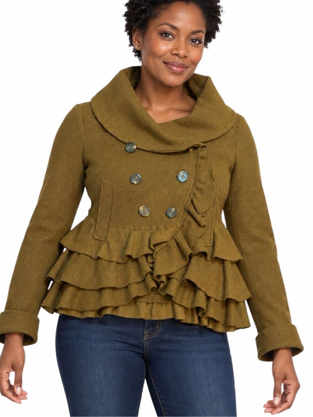ELEVENSES Anthropologie Echelon Ruffle Wool Blend Peacoat Olive Size 6